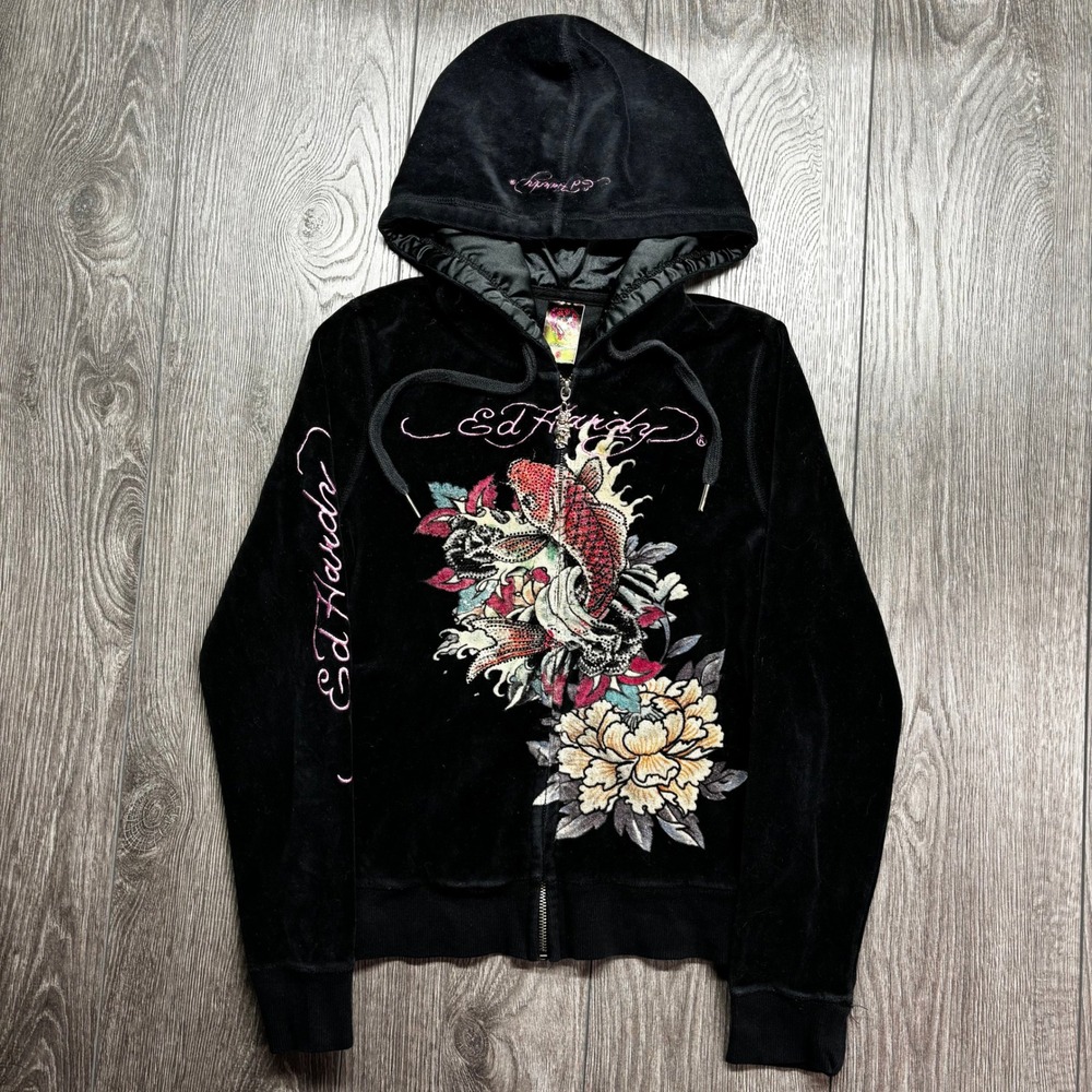 Ed Hardy Women Black Velour Koi Fish Rhinestone Zip Up Hoodie Small Y2K Tattoo